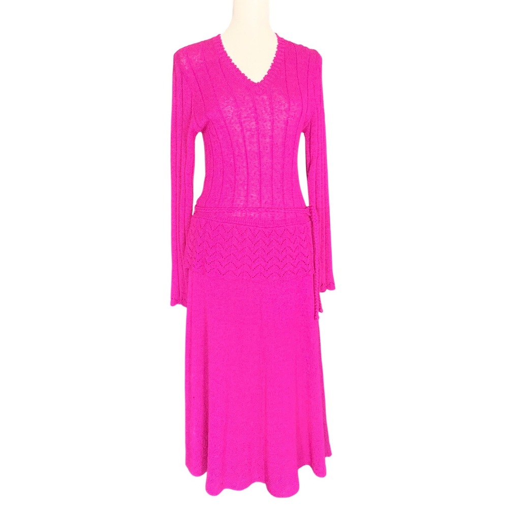 Fushia Knit Drop Waist Midi Dress V-Neck Long Sleeve Size‎ M Just Mort Vintage